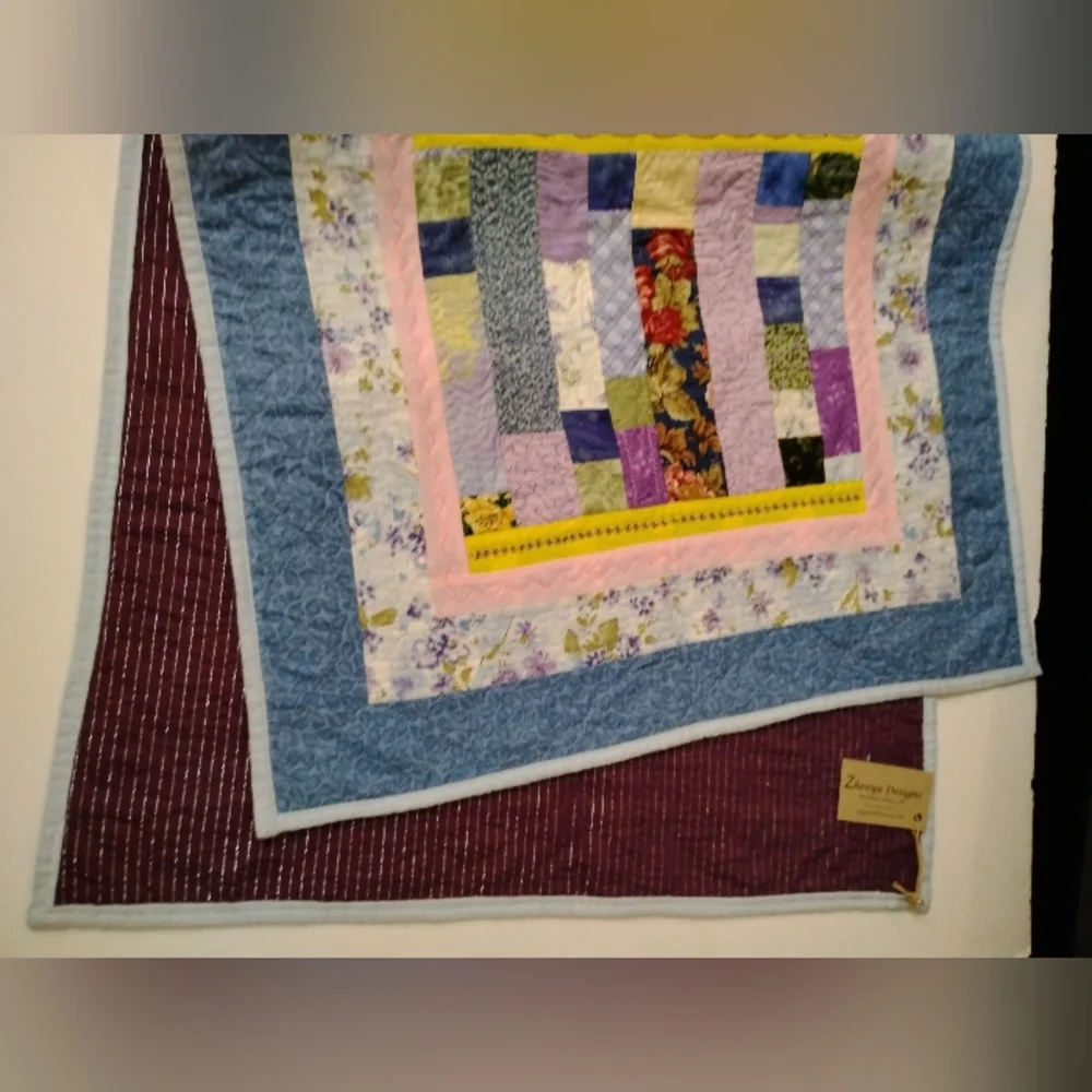 Patchwork Quilt with Blue Yellow and Purple Accents 43.5' x 24'